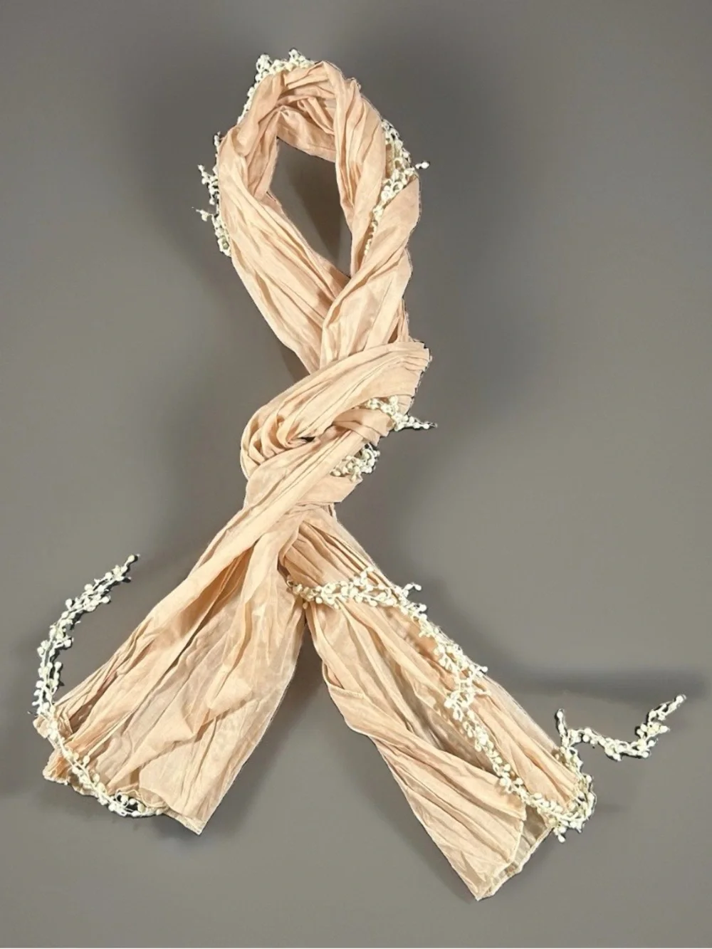 Boho Scarf/Shawl Light Pink Cotton Cream Crochet Tassel 67”x24” Romantic Hippie